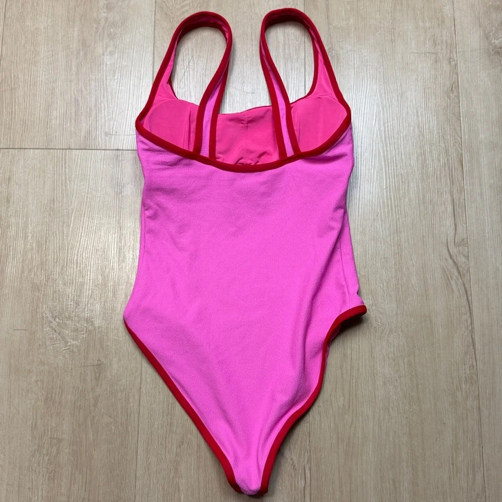 Beach Riot Caia One Piece Electric Pink Hot Swimsuit Red Trim